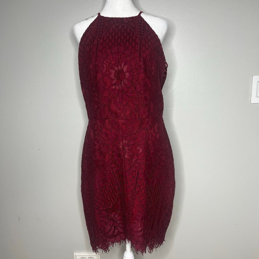Adelyn Rae Burgundy Lace Overlay Halter Mini Dress Medium Cocktail Party Wedding